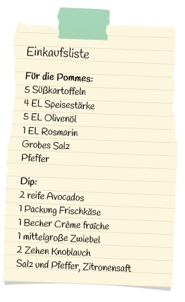 Einkaufsliste Süßkartoffelpommes
